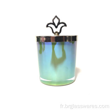 Pot à bougie en verre coloré avec couvercle à bouton en forme de flamme